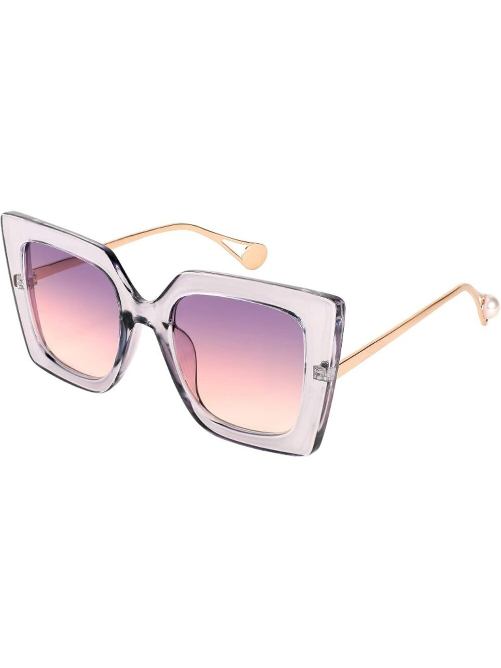 Women's Trendy Square Shades Pearl Inlay Cat Eye UV400 Protection Clear Purple